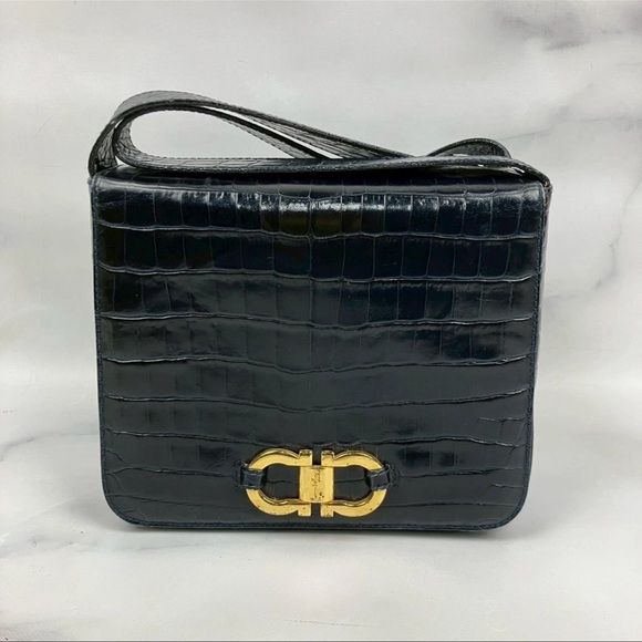 Salvatore Ferragamo Handbags - Salvatore Ferragamo Vintage Black
Crocodile Embossed Leather Bag
Gancini Italy
